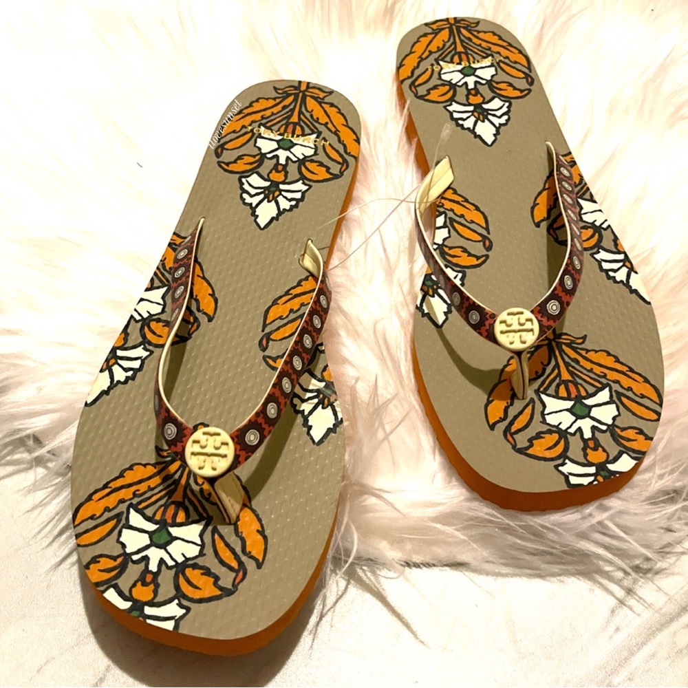 {Tory Burch} Orange Floral Flat Flip Flops with Leather Straps - Ivory Logo - Picture 1 of 7